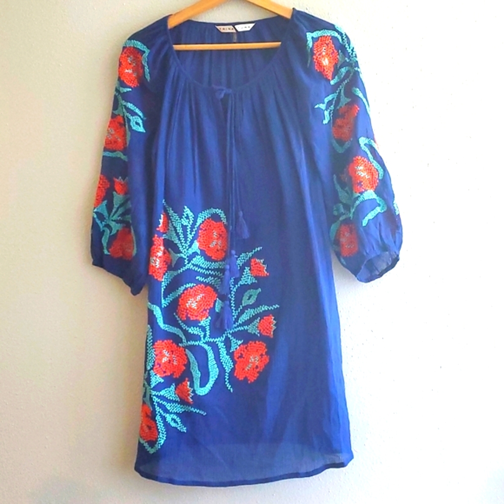Trina Turk Blue Red Embroidered Bohemian Style 100% Cotton Dress Size 4